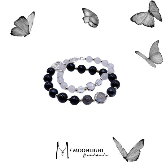 【MmoonlightHandmade】Black and White, Natural Stone Couple Bracelet