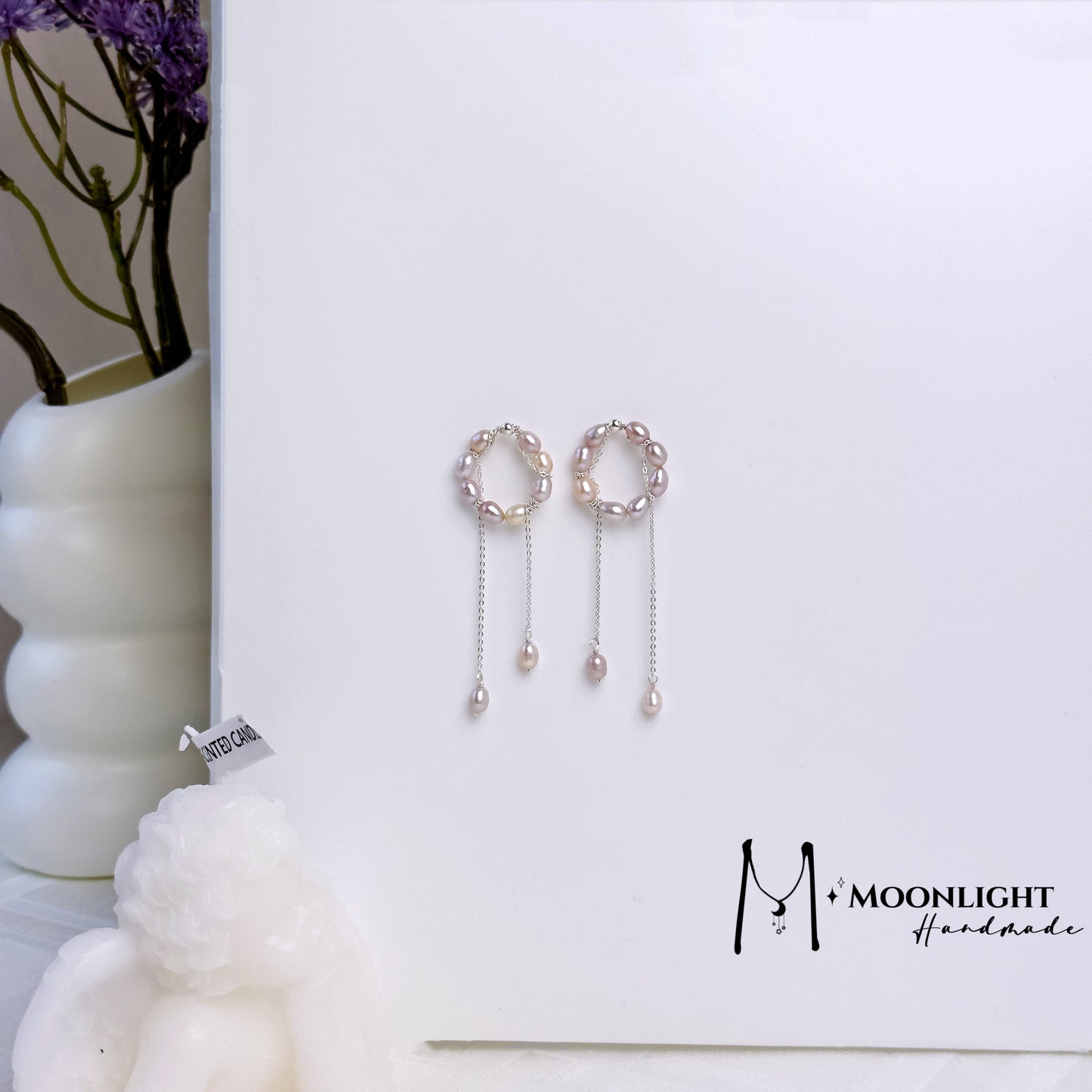 【MmoonlightHandmade】天然粉色椭圆形珍珠圆形流苏耳环
