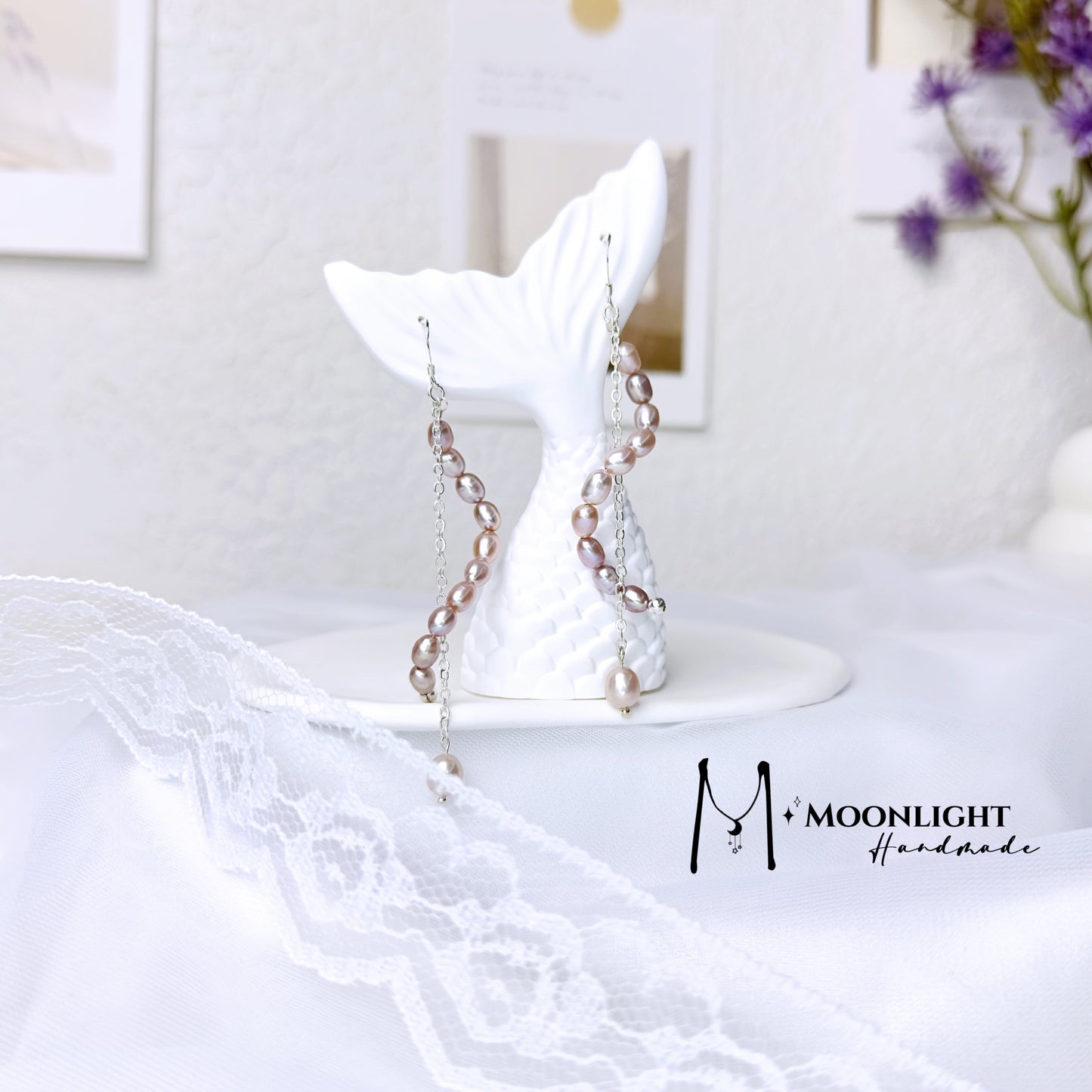 【MmoonlightHandmade】天然淡水粉色珍珠线流苏耳环