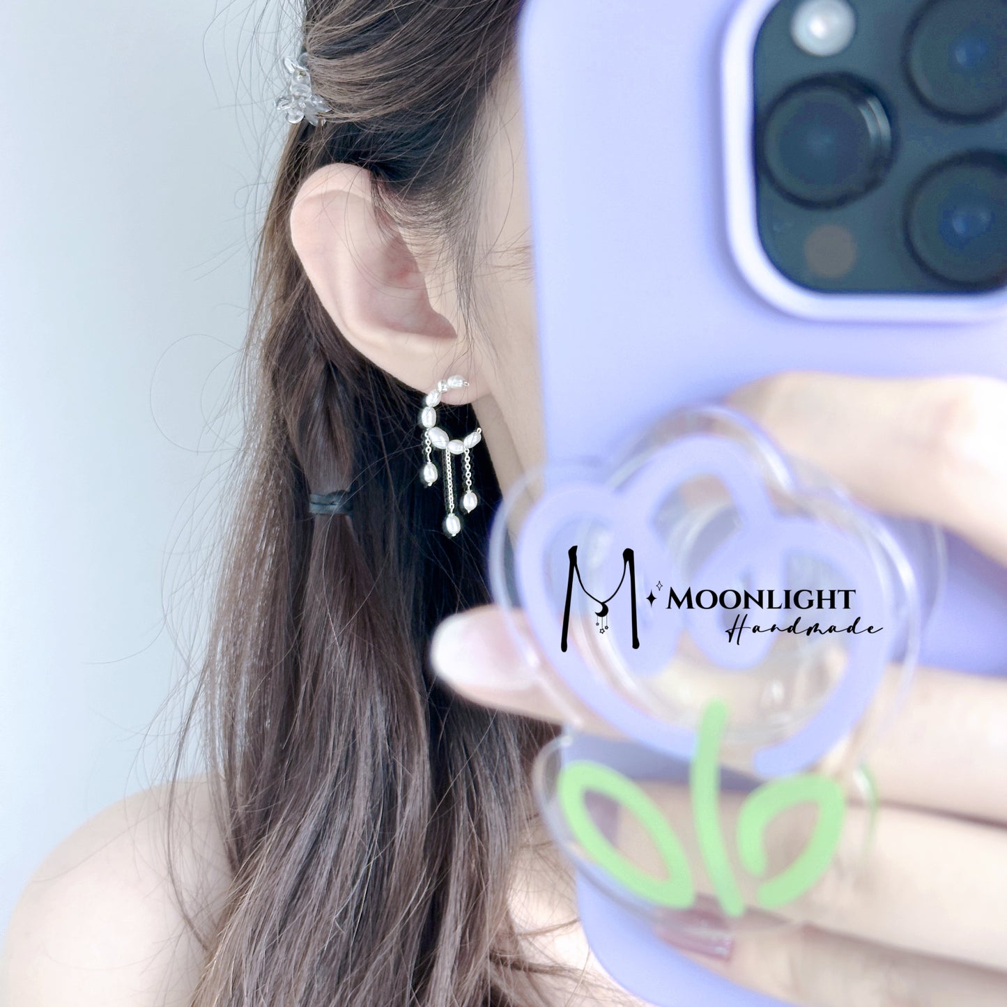【MmoonlightHandmade】Natural Baroque Millet Pearl Moon Tassel Earrings