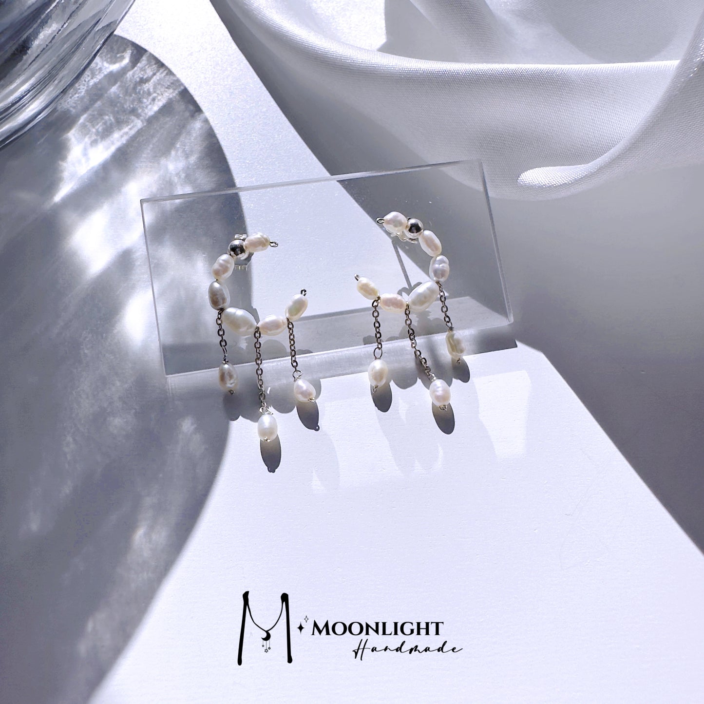 【MmoonlightHandmade】天然巴洛克小米珍珠月亮流苏耳环