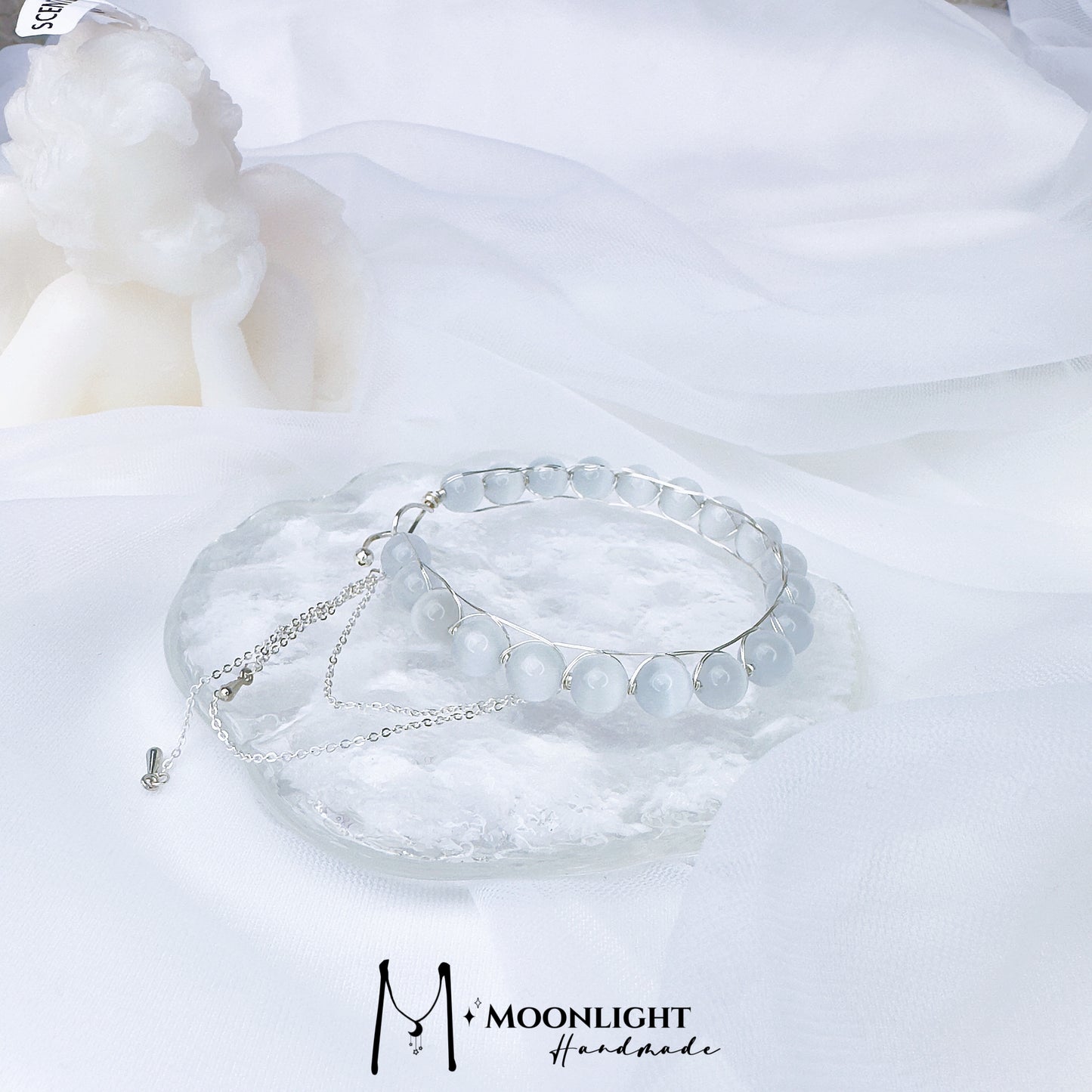 【MmoonlightHandmade】天然摩洛哥亚硒酸盐猫眼珍珠白流苏手镯
