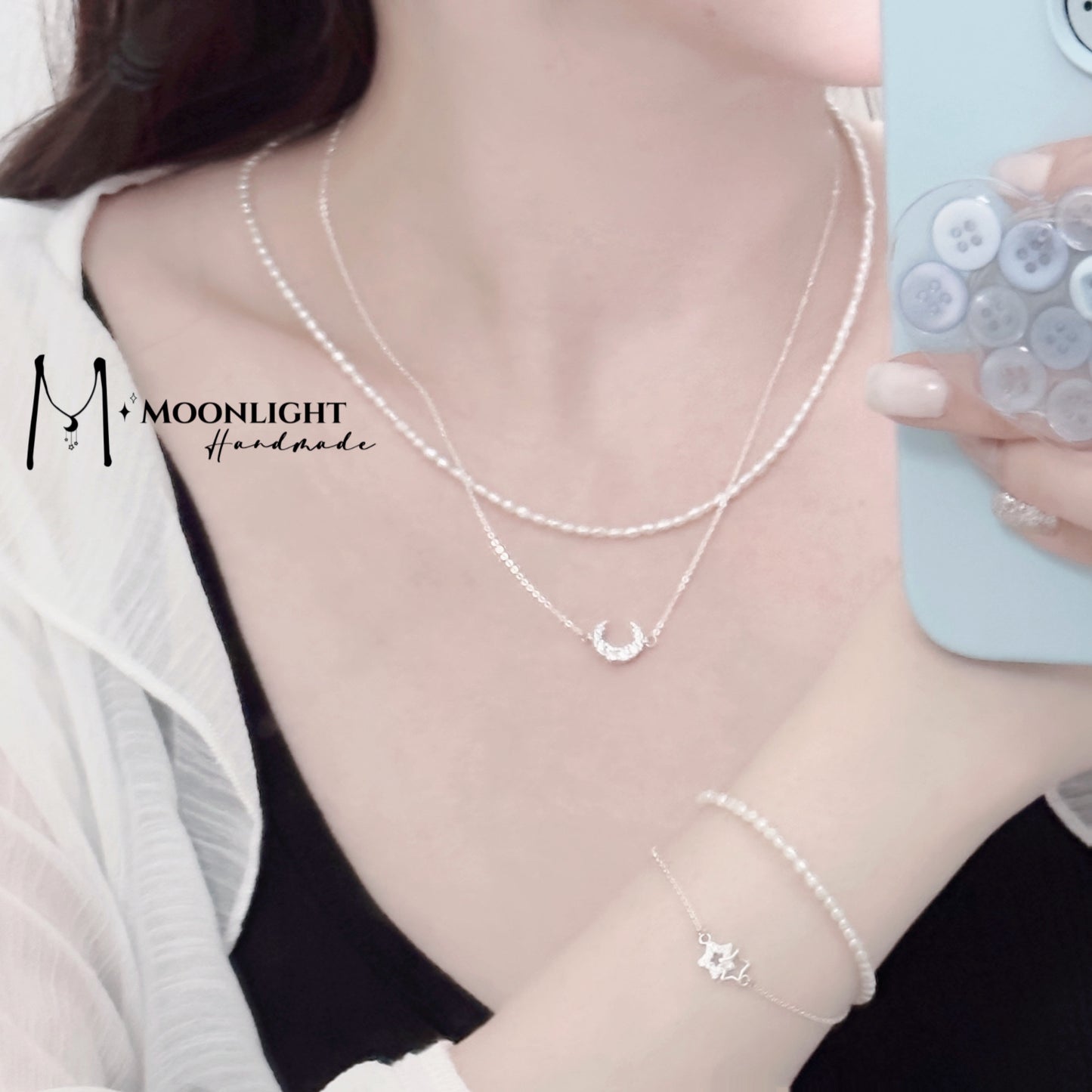 【MmoonlightHandmade】High Quality Rare Size Millet Pearls-Star and Moon Set Jewelry