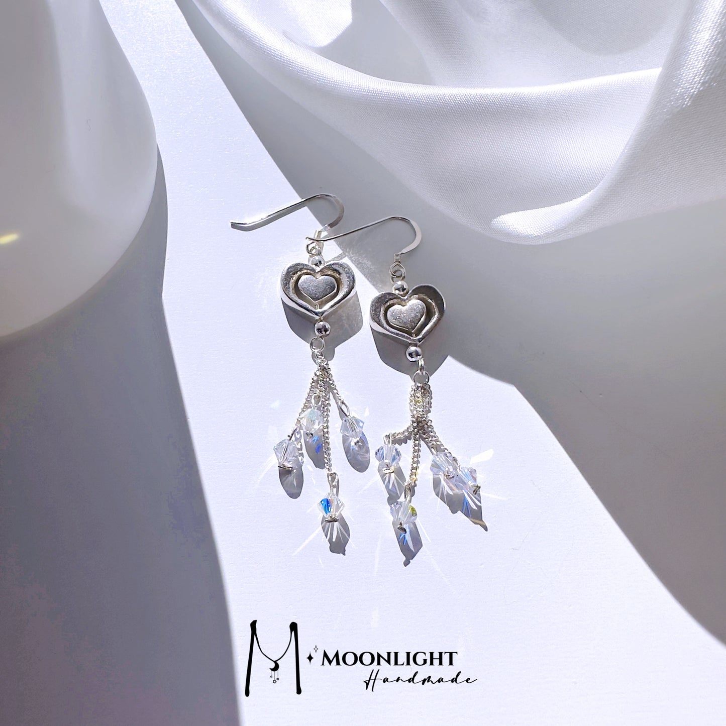 【MmoonlightHandmade】999 Silver Rotatable Small Heart Crystal Tassel Earring