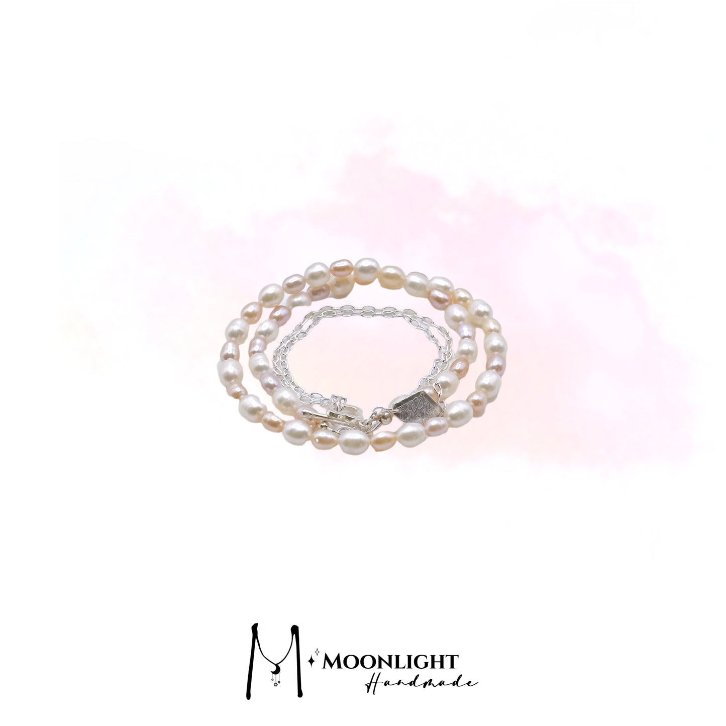 【MmoonlightHandmade】Two-color Pearl Spliced Silver Chain Dual Purpose Bracelet and Necklace
